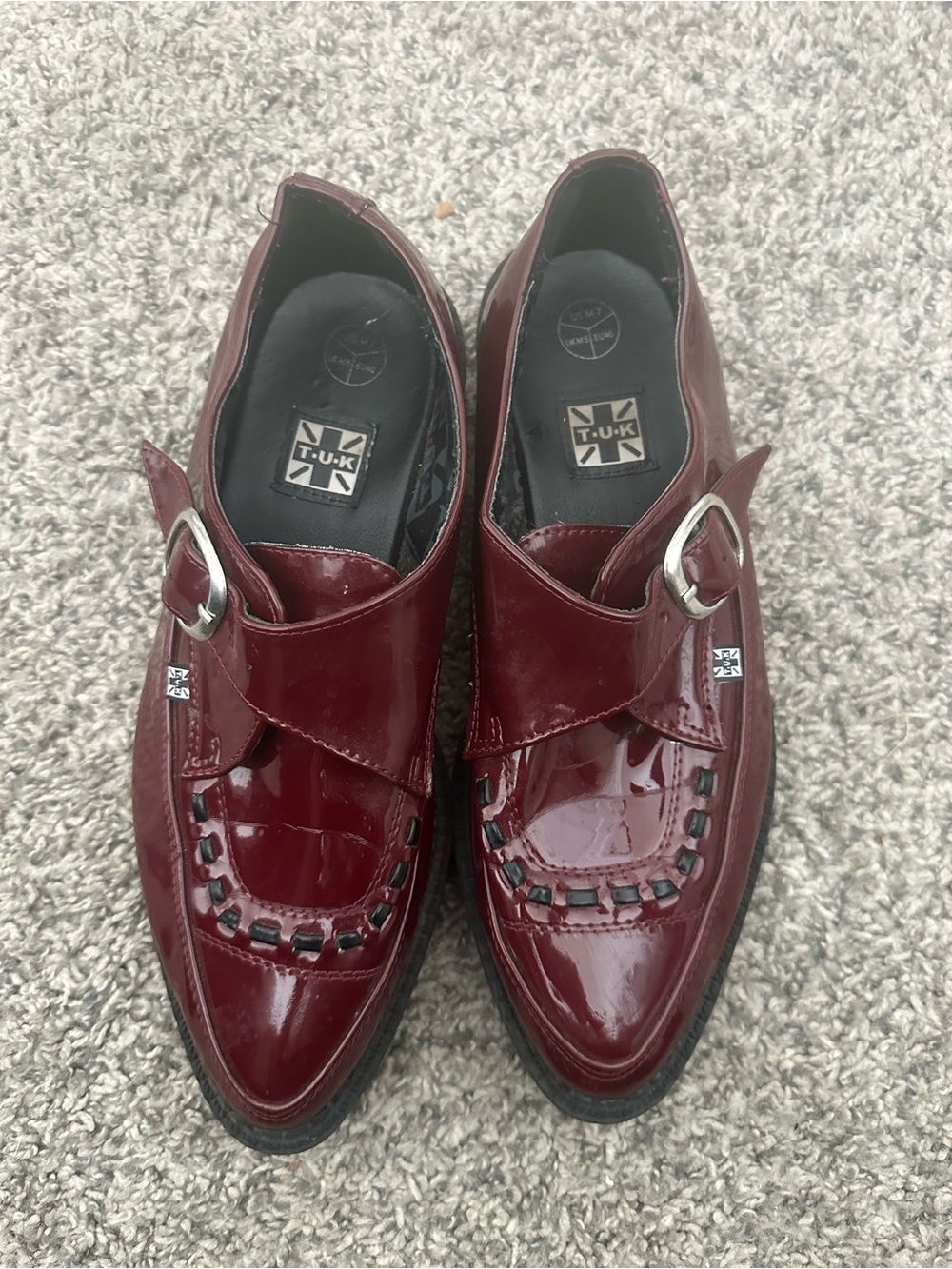 T.U.K Burgundy Patent Leather Buckle Loafers